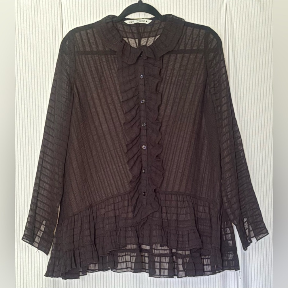 Zara Ruffled Textured Weave Long Sleeve Button Down Blouse Black Medium